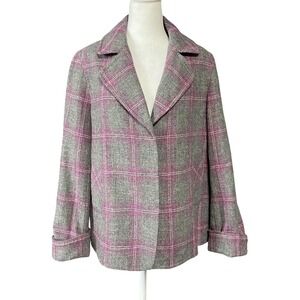 Talbots Jacket Womens 12 Gray Pink Plaid Wool Blend Lined Classic Blazer Pockets